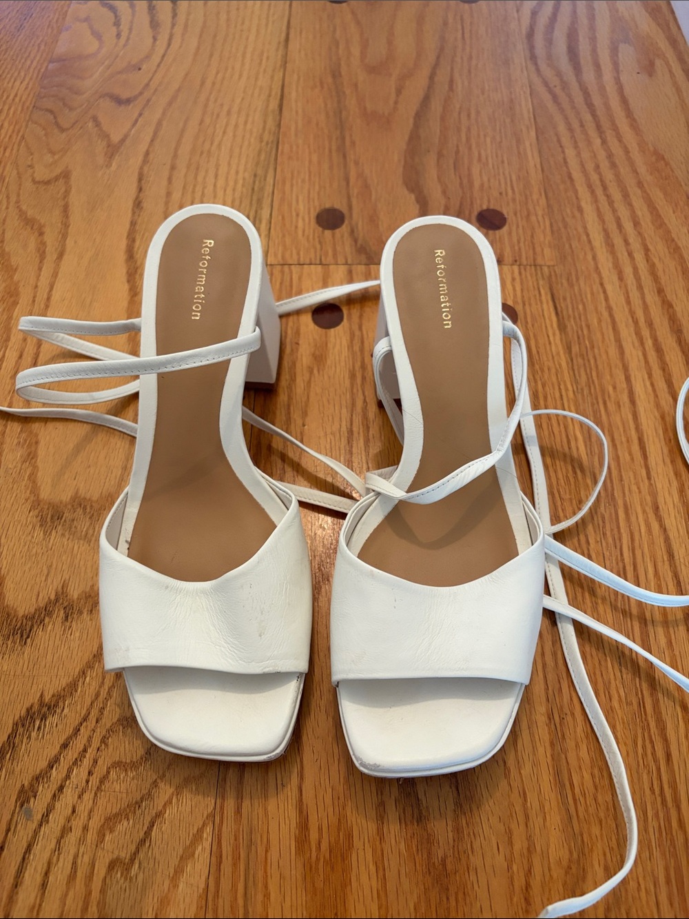 Reformation White Leather Square-Toe Block Heel Sandals with Wrap Straps